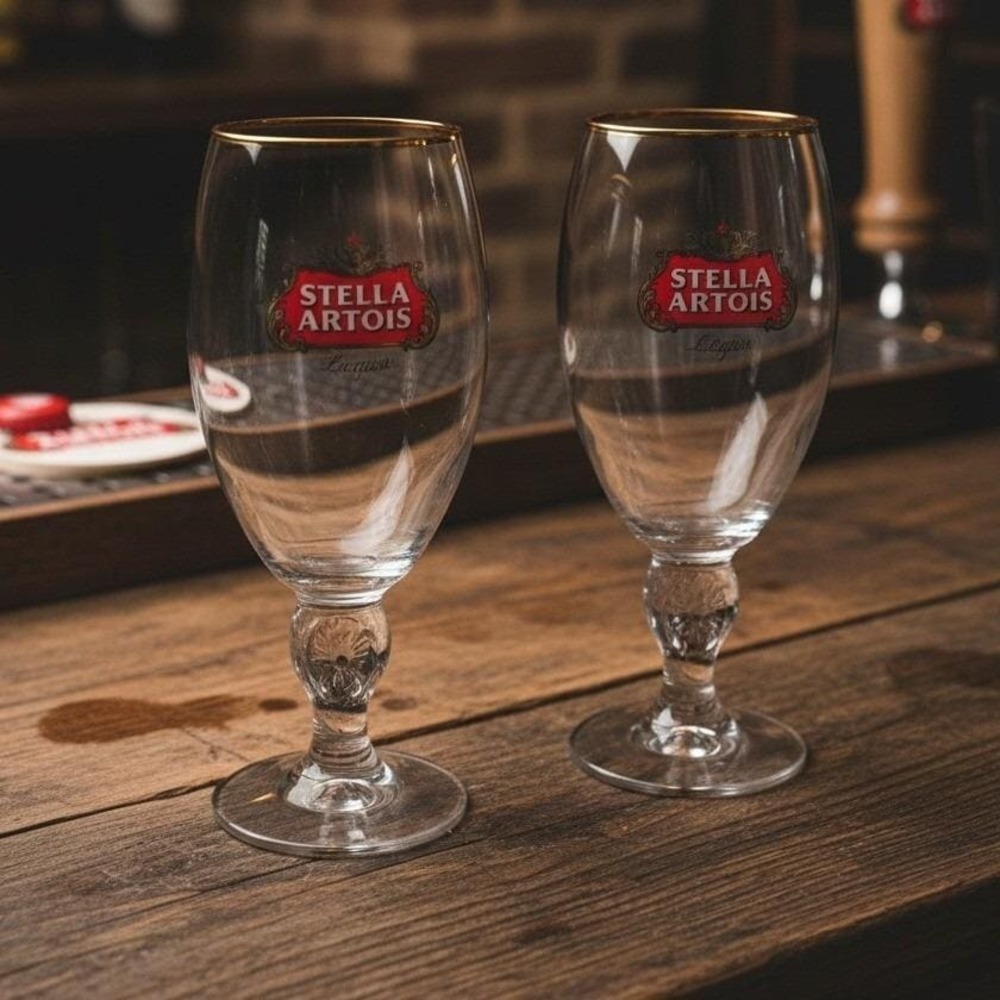 Stella Artois Beer Chalices, Set of 2, Vintage Gold Rim Stemware, Replacements